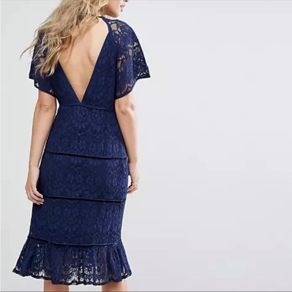 EUC Foxiedox Navy Blue Lace Midi Dress Low Back XS